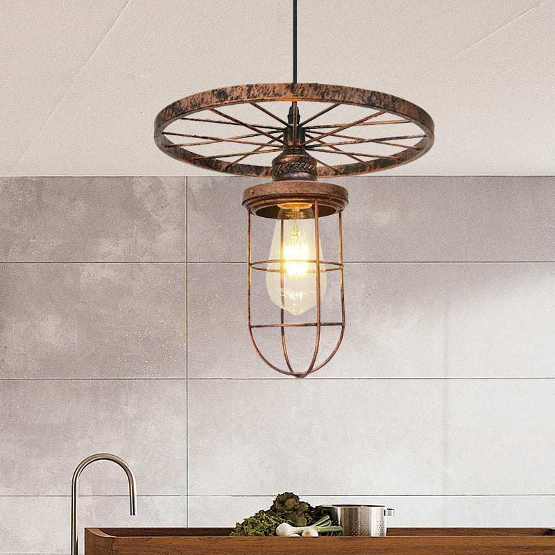 Bronze Wire Frame Hanging Lamp Industrial Stylish Wrought Iron 1 Light Restaurant Ceiling Light with Wheel