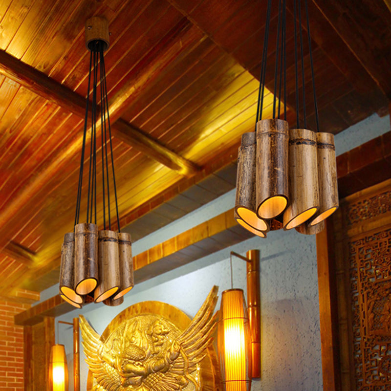 Eight-light Bamboo Hanging Lamp Antique Tube Suspension Light in Beige for Bistro Restaurant