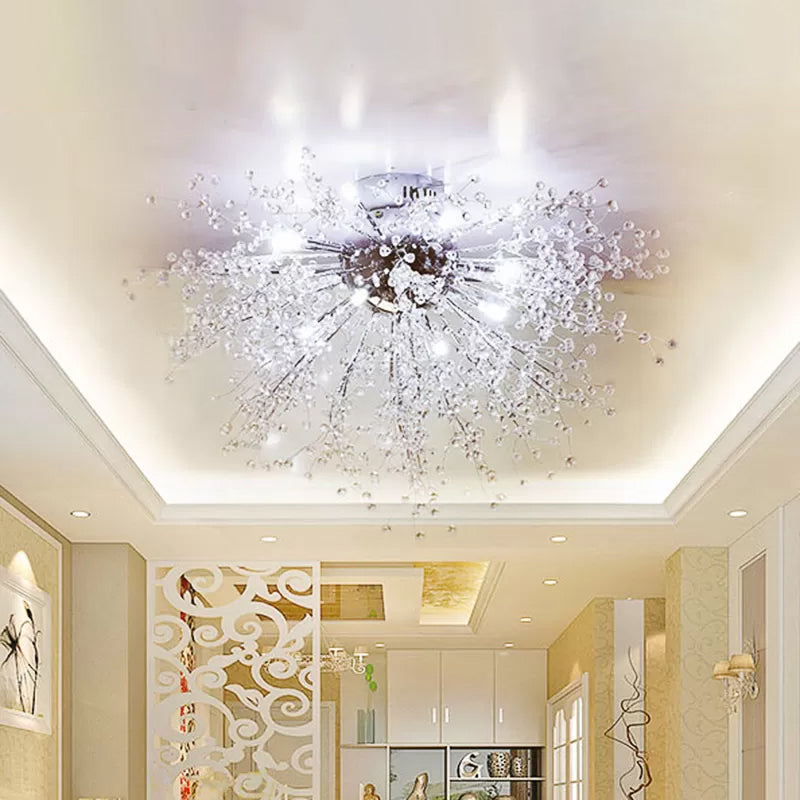 Silver Finish Firework Semi Mount Lighting Modern 22"/23.5" W 8/12/16 Lights Metal Ceiling Mount Light with Crystal Bead