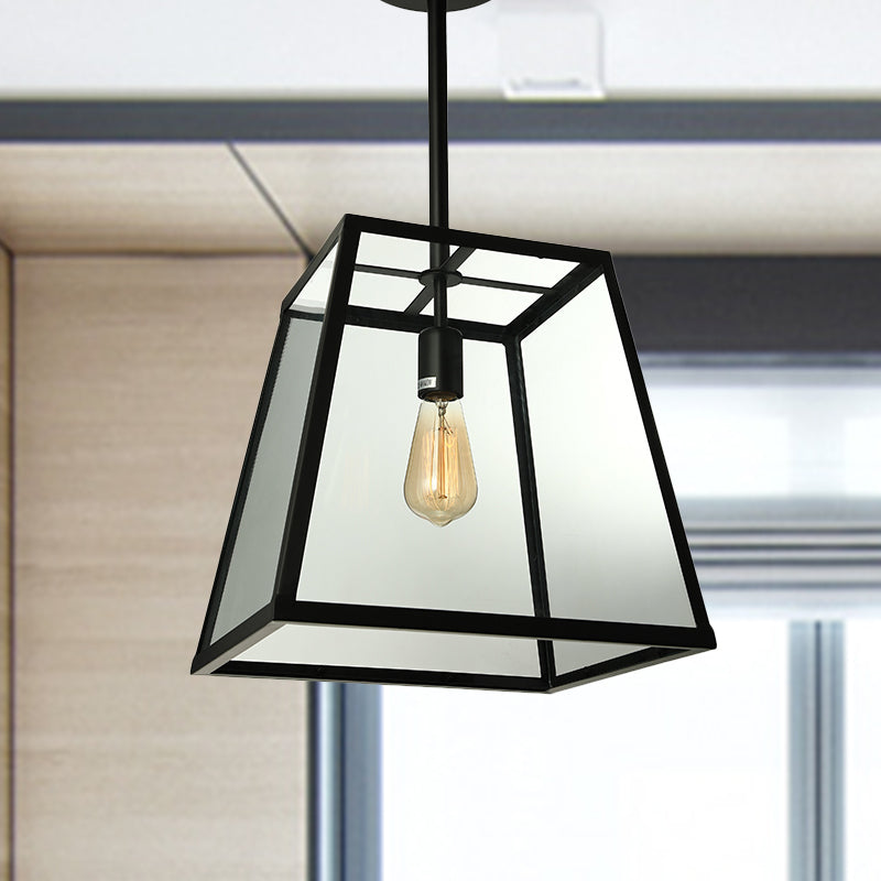 Industrial Trapezoid Pendant Lighting 1 Light Clear Glass Hanging Light Fixture in Black, 12" /14" Wide