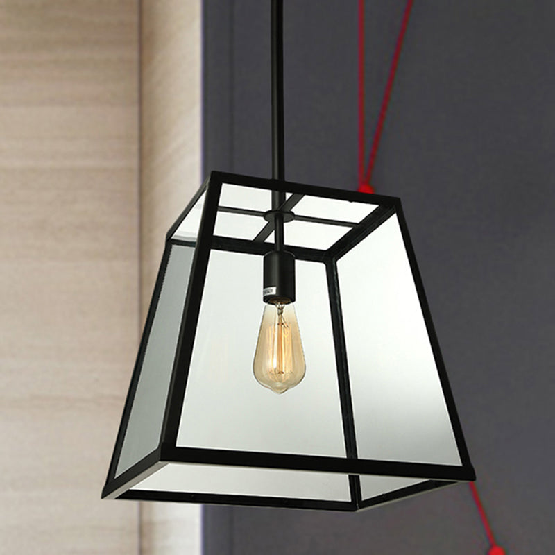 Industrial Trapezoid Pendant Lighting 1 Light Clear Glass Hanging Light Fixture in Black, 12" /14" Wide