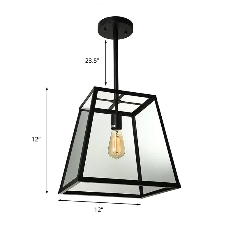 Industrial Trapezoid Pendant Lighting 1 Light Clear Glass Hanging Light Fixture in Black, 12" /14" Wide
