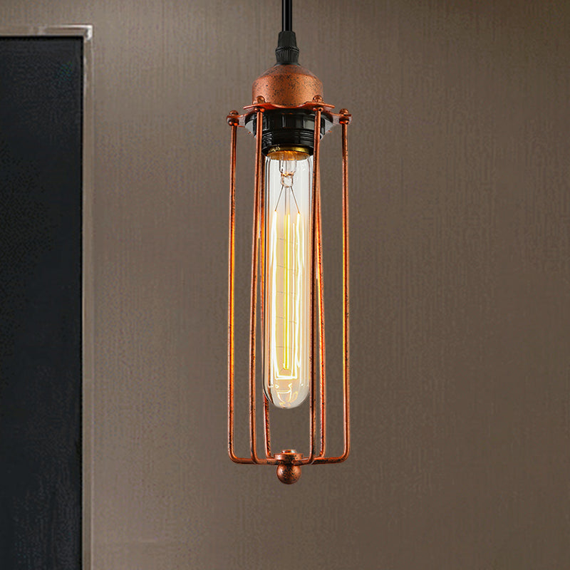 Dark Rust Tube Pendant Lighting Vintage Style Metallic 1 Bulb Kitchen Hanging Lamp with Wire Guard