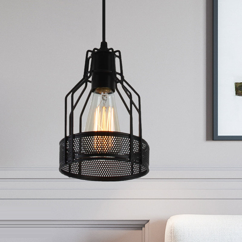Caged Restaurant Pendant Lighting Antique Industrial Metal 1 Bulb Black Hanging Fixture with Mesh Screen
