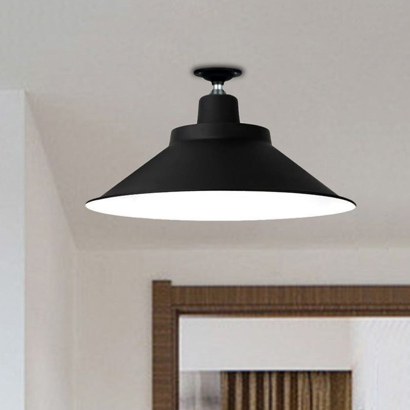 12"/16"/19.5" Wide Cone Metal Ceiling Lighting Industrial Style 1 Head Balcony Semi Flush Mount Lighting in Black