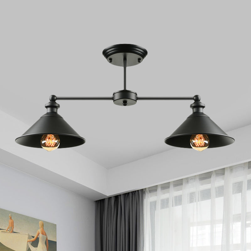 Double Conic Metallic Semi Flush Mount Light Industrial 2 Lights Dining Table Ceiling Lighting in Black