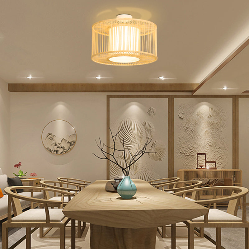 Beige Cylindrical Ceiling Mounted Light Asia Style Bamboo Bedroom Ceiling Lighting
