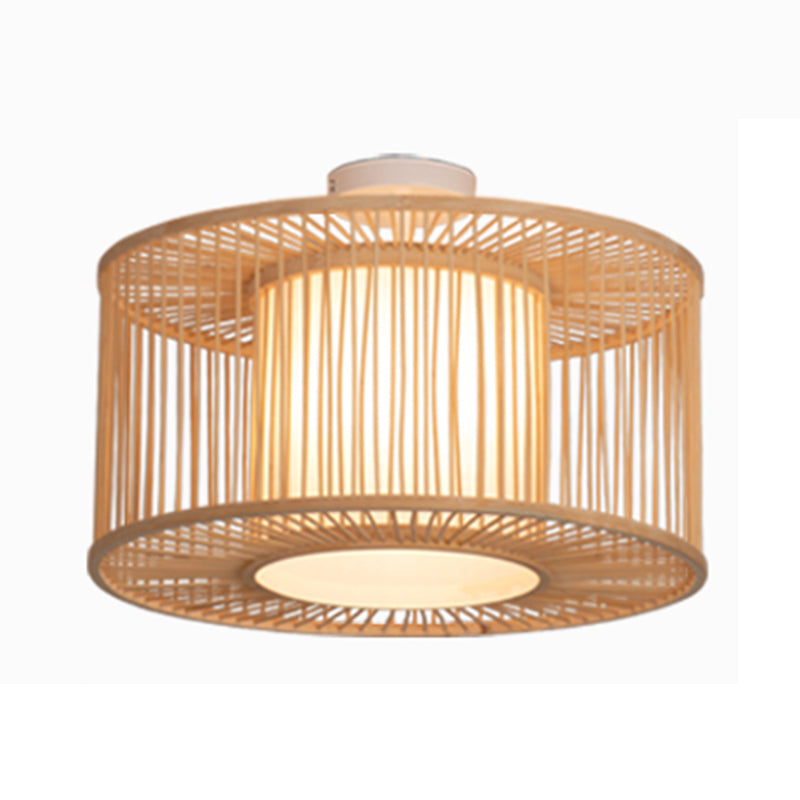 Beige Cylindrical Ceiling Mounted Light Asia Style Bamboo Bedroom Ceiling Lighting