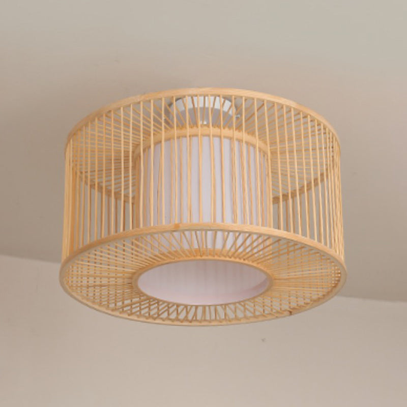 Beige Cylindrical Ceiling Mounted Light Asia Style Bamboo Bedroom Ceiling Lighting