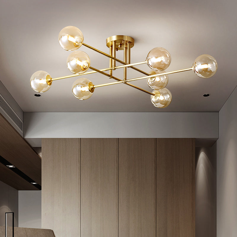 Gold Globe Semi-Flush Light Fixture Modern Glass Shade Ceiling Lamp Fixture
