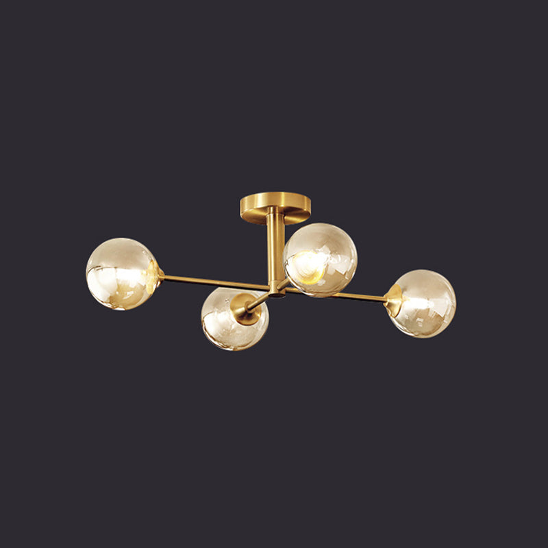 Gold Globe Semi-Flush Light Fixture Modern Glass Shade Ceiling Lamp Fixture