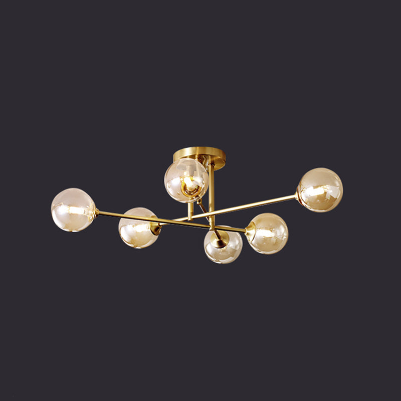 Gold Globe Semi-Flush Light Fixture Modern Glass Shade Ceiling Lamp Fixture