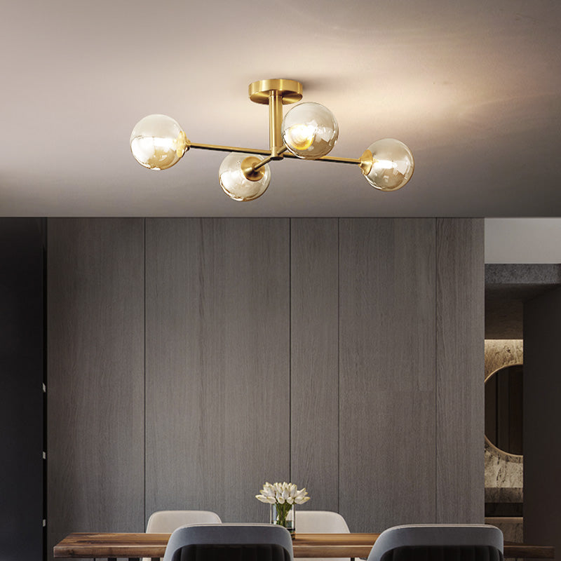 Gold Globe Semi-Flush Light Fixture Modern Glass Shade Ceiling Lamp Fixture