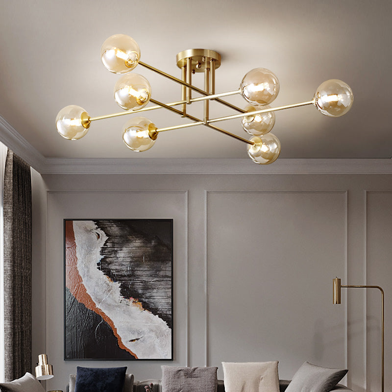 Gold Globe Semi-Flush Light Fixture Modern Glass Shade Ceiling Lamp Fixture