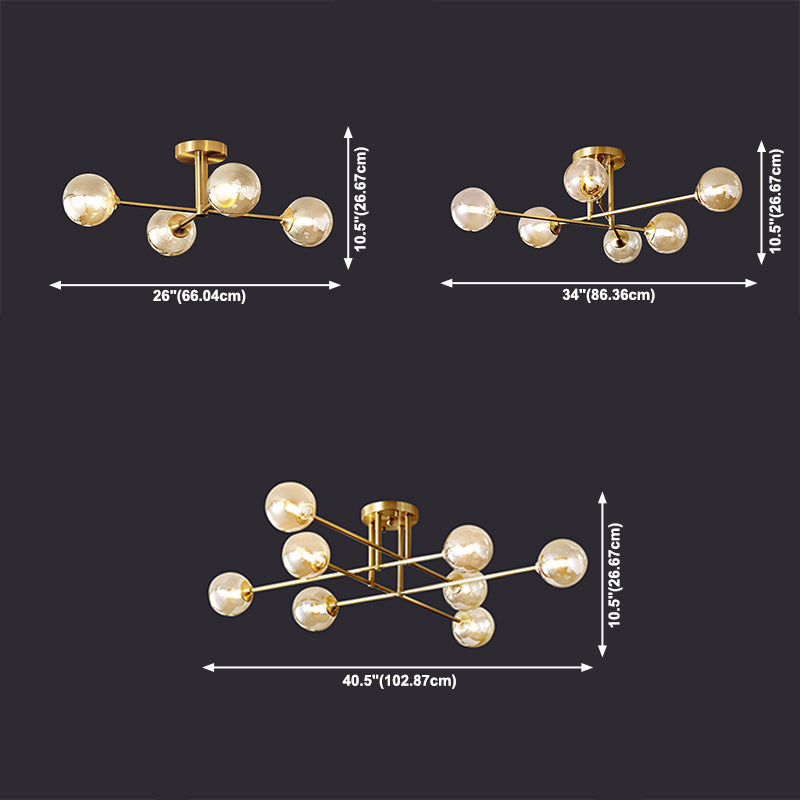 Gold Globe Semi-Flush Light Fixture Modern Glass Shade Ceiling Lamp Fixture