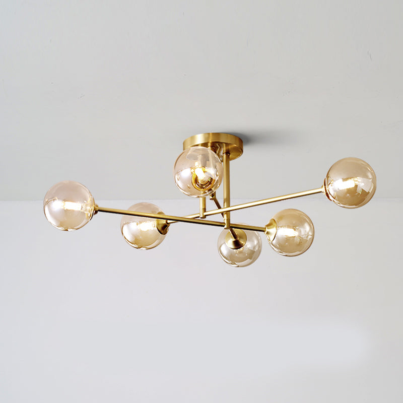 Gold Globe Semi-Flush Light Fixture Modern Glass Shade Ceiling Lamp Fixture