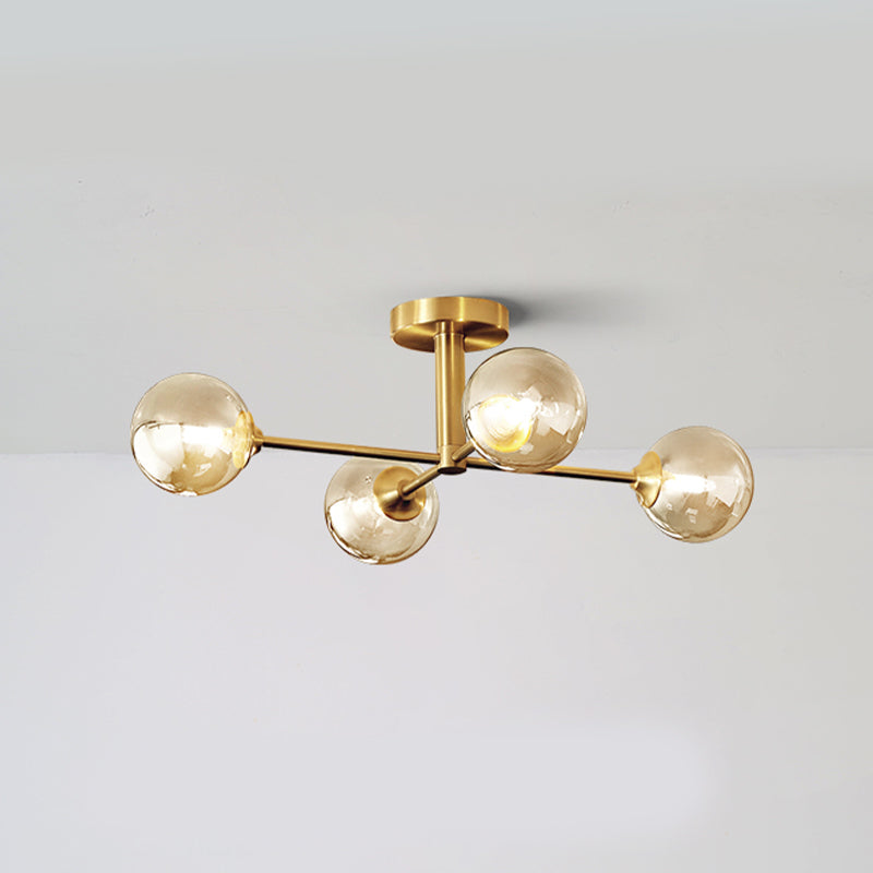 Gold Globe Semi-Flush Light Fixture Modern Glass Shade Ceiling Lamp Fixture