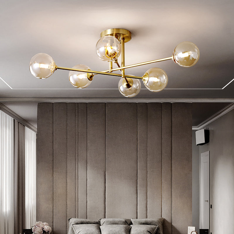 Gold Globe Semi-Flush Light Fixture Modern Glass Shade Ceiling Lamp Fixture