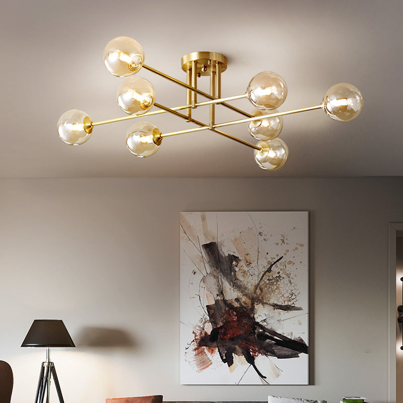 Gold Globe Semi-Flush Light Fixture Modern Glass Shade Ceiling Lamp Fixture