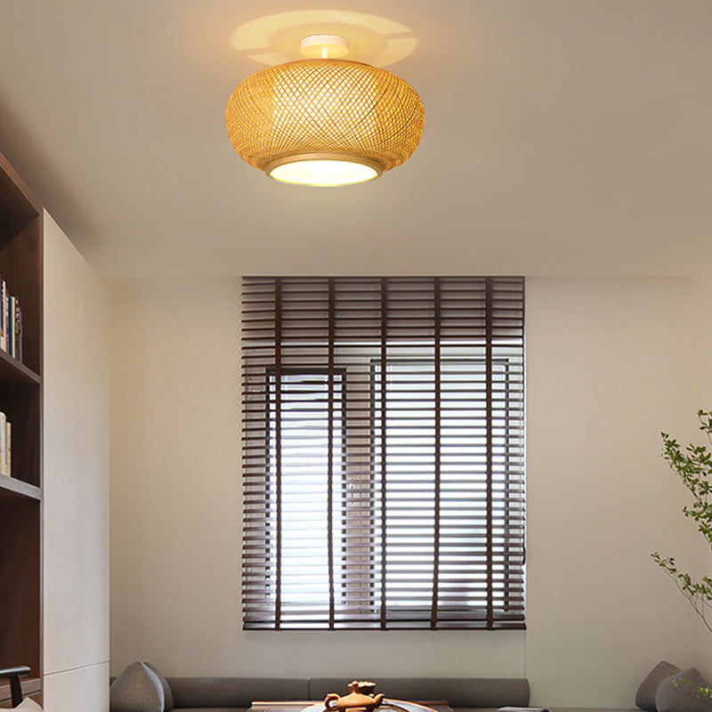 Luminaire rond en bambou pour montage au plafond, semi-encastré beige d'Asie