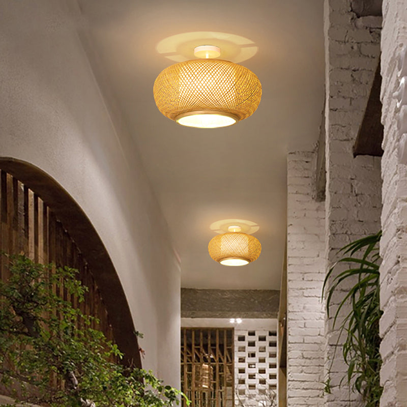 Luminaire rond en bambou pour montage au plafond, semi-encastré beige d'Asie