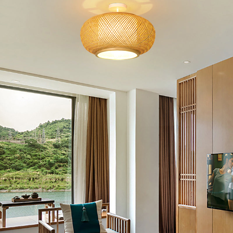 Luminaire rond en bambou pour montage au plafond, semi-encastré beige d'Asie