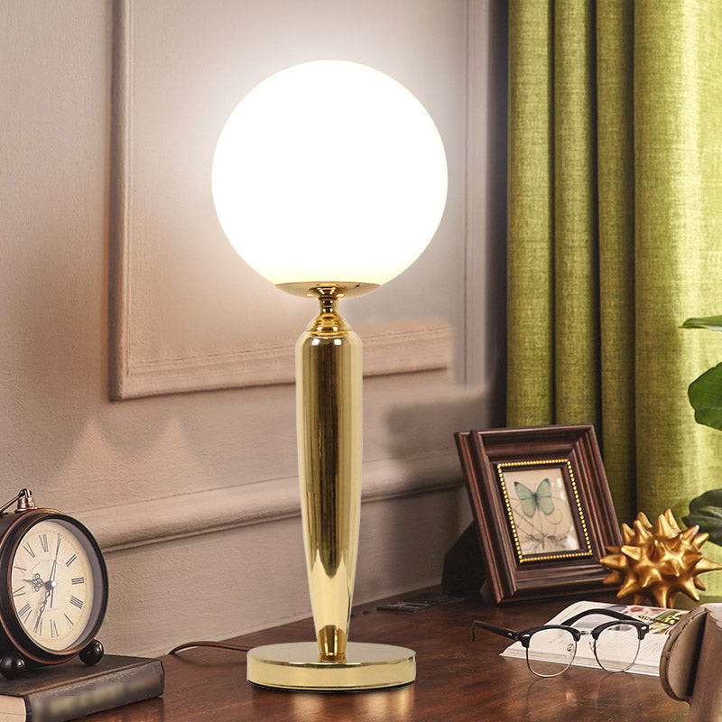 Modern Style Spherical Night Table Lamp White Glass One Light Nightstand Lamp in Gold