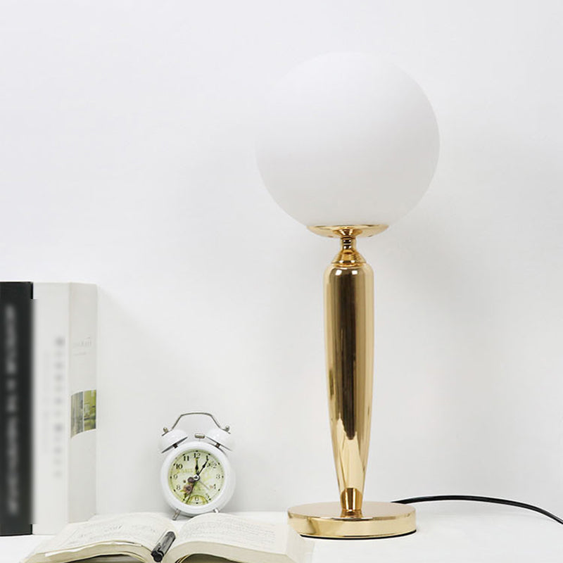 Modern Style Spherical Night Table Lamp White Glass One Light Nightstand Lamp in Gold