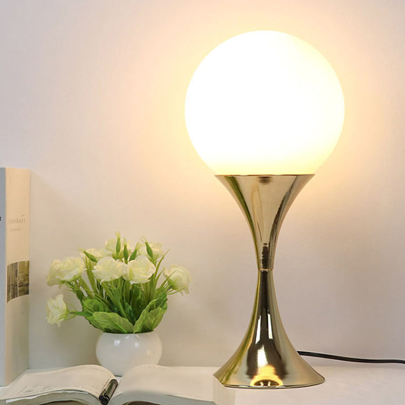 Modern Style Spherical Night Table Lamp White Glass One Light Nightstand Lamp in Gold