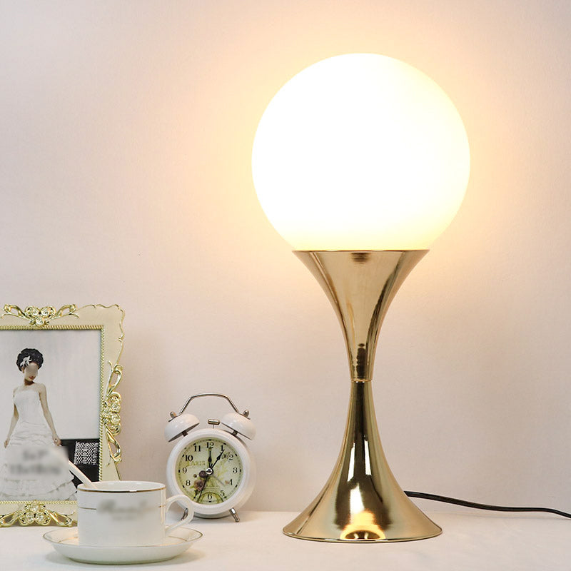 Modern Style Spherical Night Table Lamp White Glass One Light Nightstand Lamp in Gold