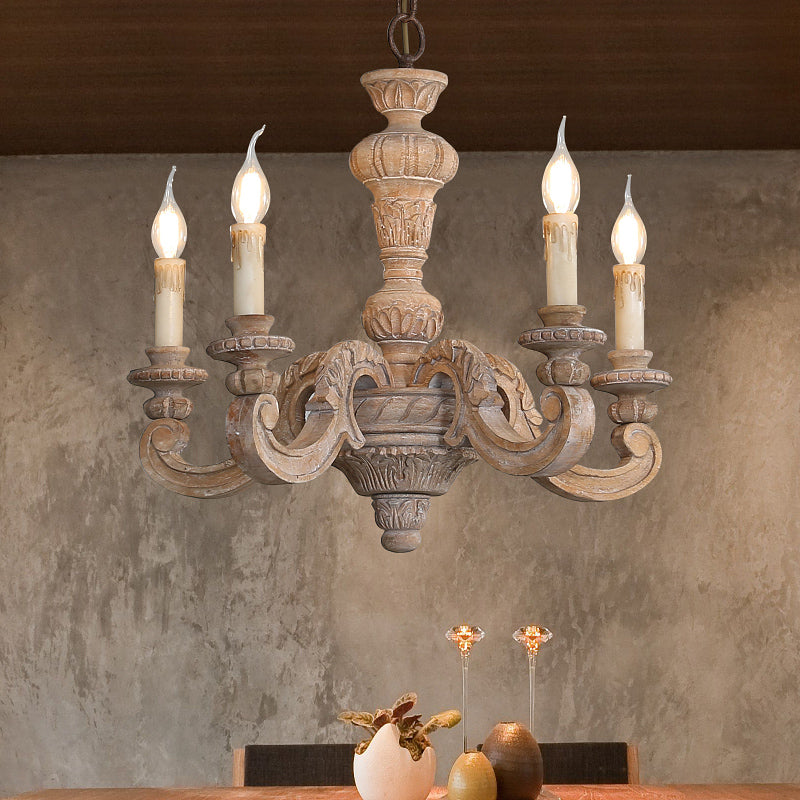 Wood Chandelier Lighting Candle Rustic Hanging Pendant for Living Room