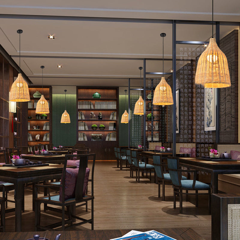 Rattan Domed Hanging Light Fixture Asia Style Pendant Ceiling Light