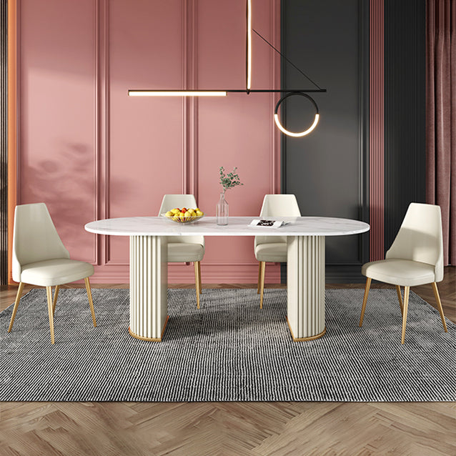 Mesa blanca de piedra sinterizada ovalada, mesa de pedestal doble de lujo para comedor