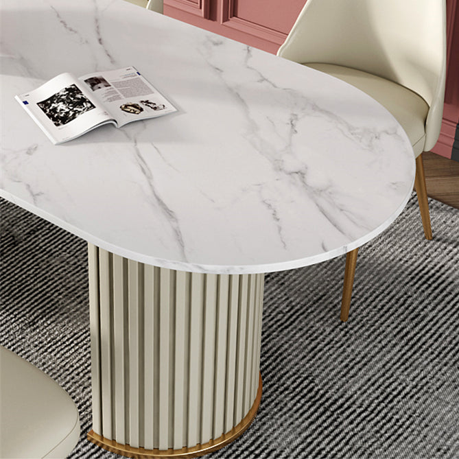 Mesa blanca de piedra sinterizada ovalada, mesa de pedestal doble de lujo para comedor