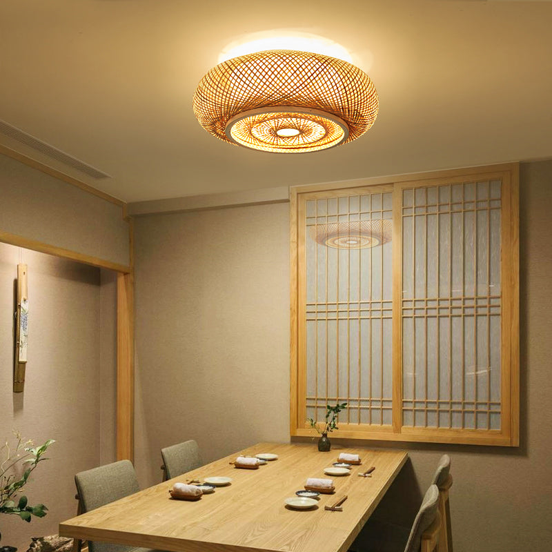 Round Flush Mount Light Fixture Asia Bamboo Bedroom Ceiling Lighting in Beige