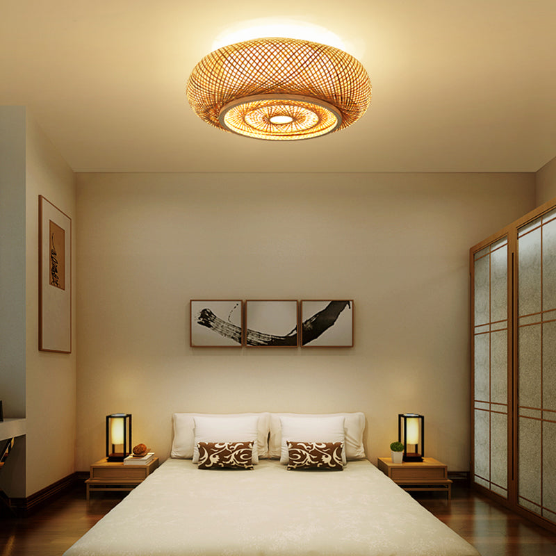Round Flush Mount Light Fixture Asia Bamboo Bedroom Ceiling Lighting in Beige