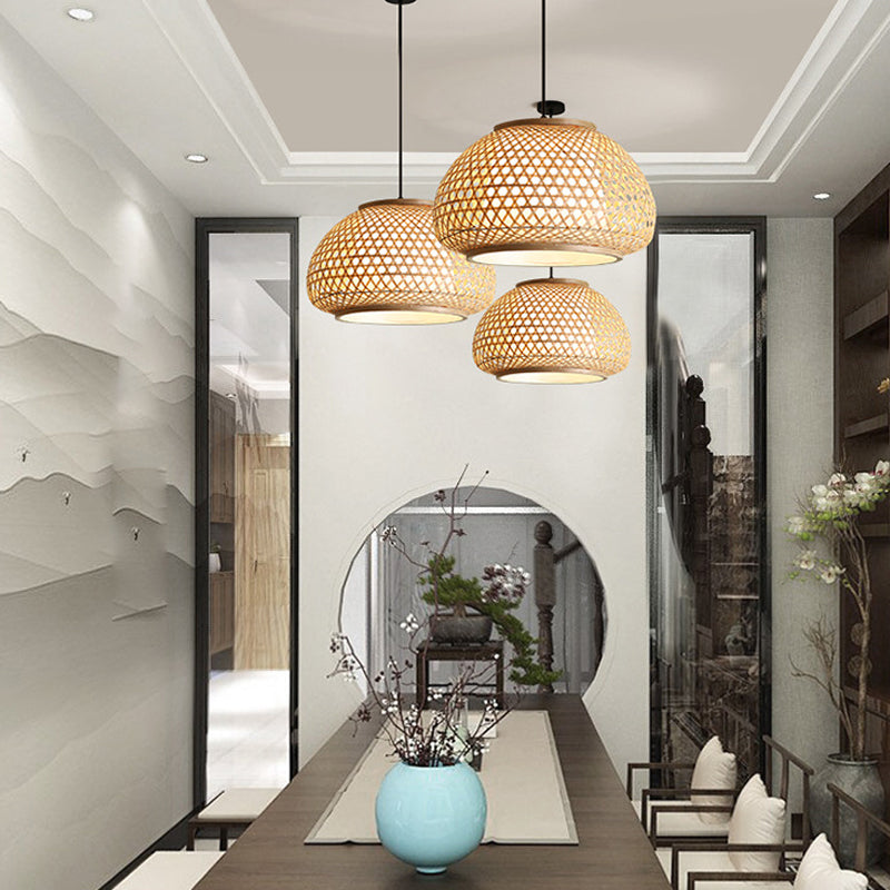 Asian 1-Light Drop Lamp Beige Lantern Bamboo Pendant Light for Tea Room