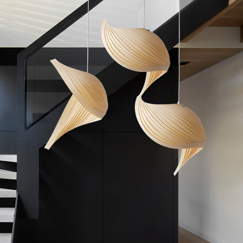 Artistic Shell Suspension Lamp Minimalist Natural Wood 1 Bulb Staircase Pendant Light