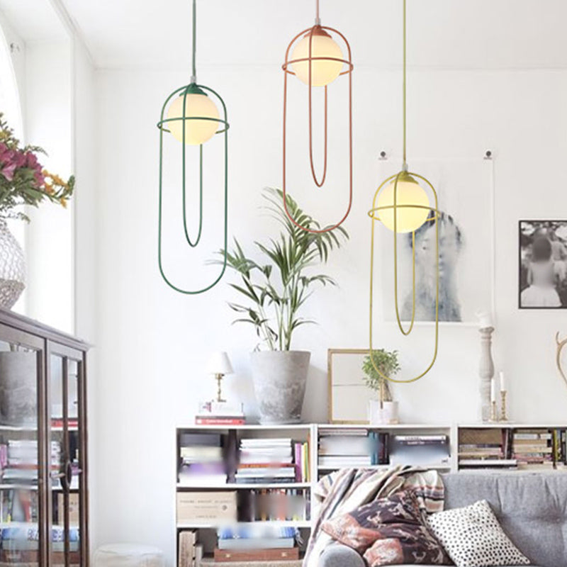 Glass Ball Pendant Light Macaron Style 1-Light Hanging Light with Cage