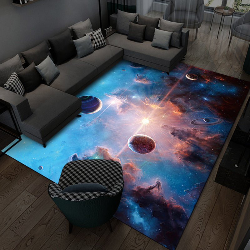 Blue Novelty Rug Polyester Universe Rug Non-Slip Backing Rug for Living Room