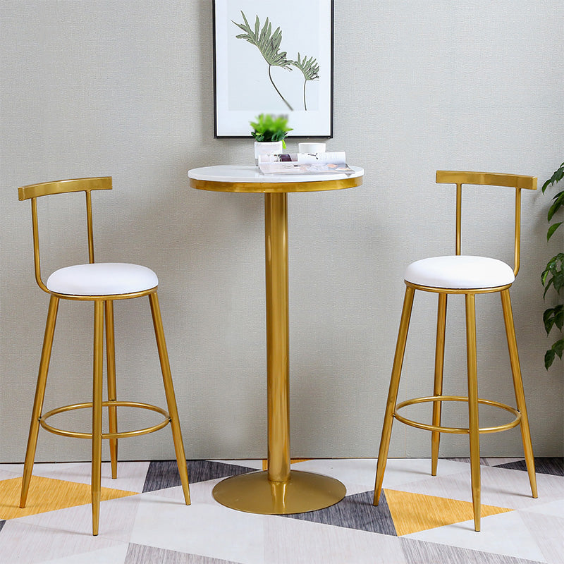 Glam Round Counter Bar Stool White Leather Bar Stool with Footrest in Gold