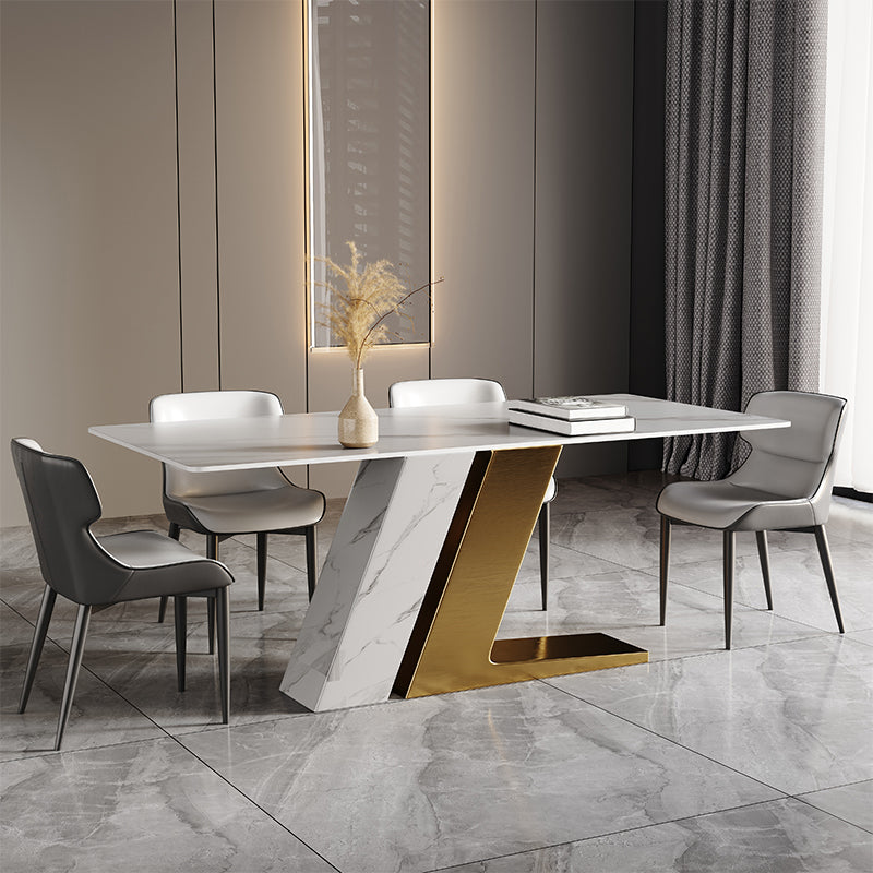 Table à manger rectangulaire en pierre frittée de luxe, blanche, avec base à double piédestal