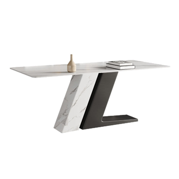 Table à manger rectangulaire en pierre frittée de luxe, blanche, avec base à double piédestal
