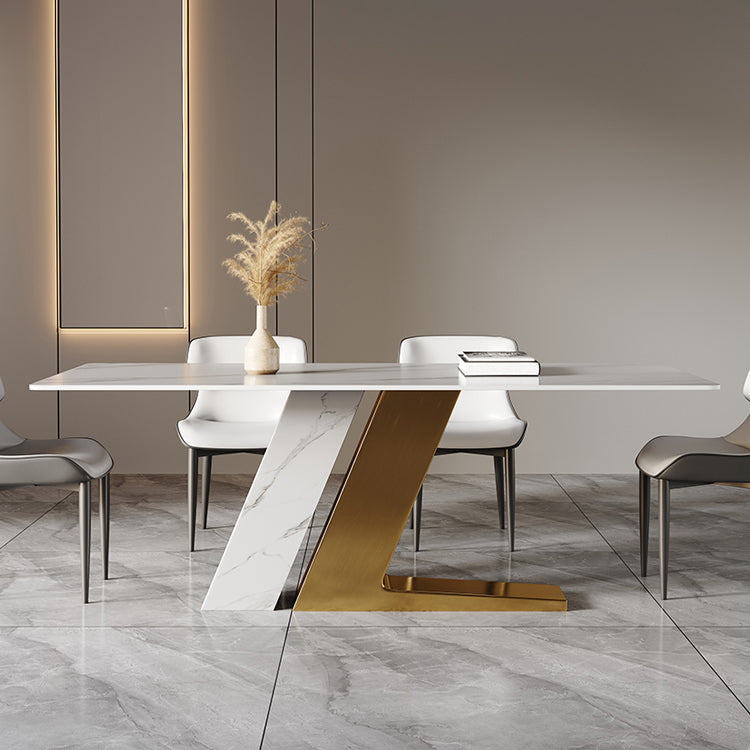 Table à manger rectangulaire en pierre frittée de luxe, blanche, avec base à double piédestal