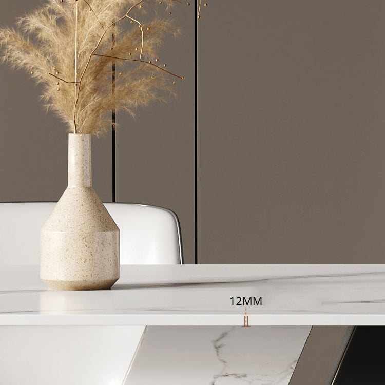 Table à manger rectangulaire en pierre frittée de luxe, blanche, avec base à double piédestal