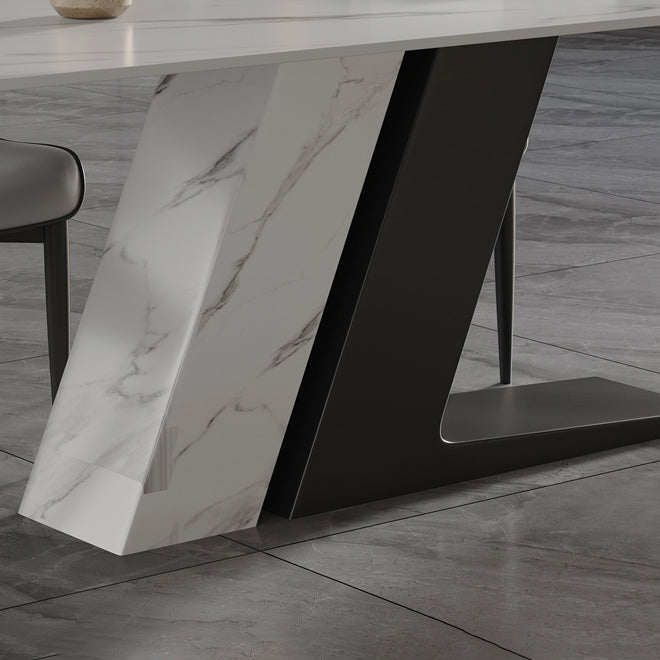 Table à manger rectangulaire en pierre frittée de luxe, blanche, avec base à double piédestal