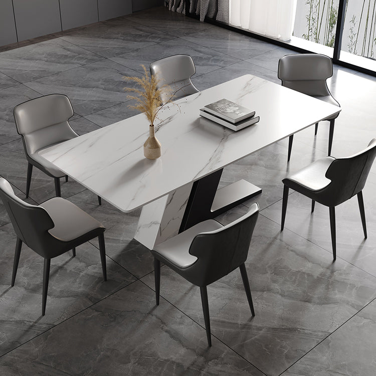 Table à manger rectangulaire en pierre frittée de luxe, blanche, avec base à double piédestal