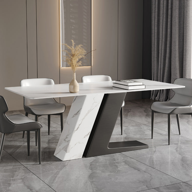 Table à manger rectangulaire en pierre frittée de luxe, blanche, avec base à double piédestal