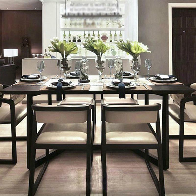 Mesa de comedor industrial rectangular Mesa fija de madera maciza con base de caballete