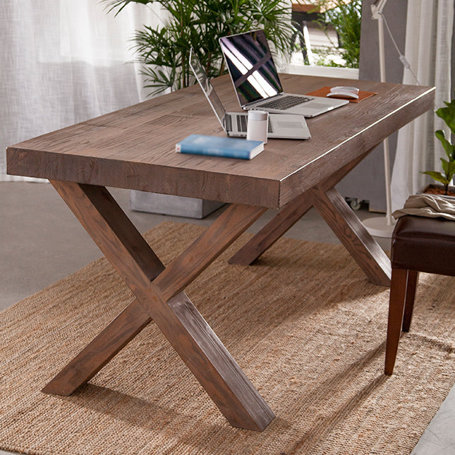 Table à manger rectangulaire industrielle en bois de pin avec double piédestal pour restaurant